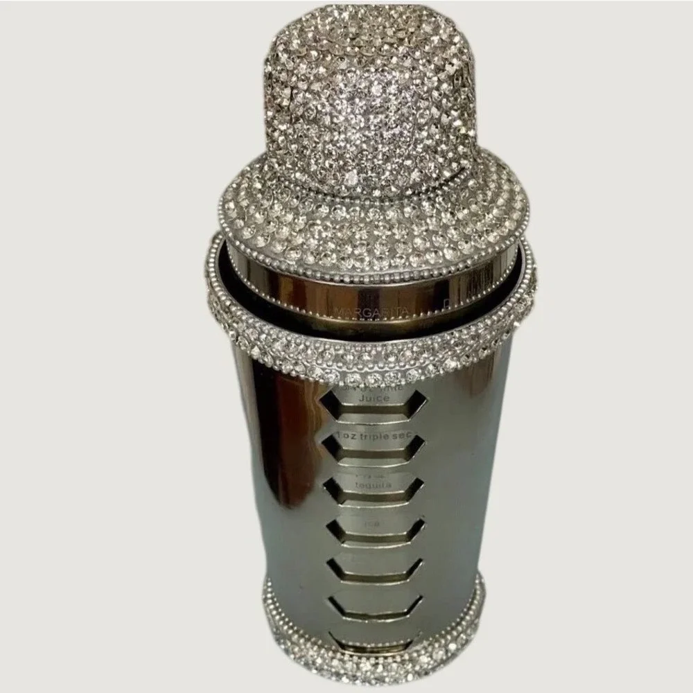 Global Export Nickel Metal Bling Cocktail Shaker Etched Built-In Recipes 3pc Set